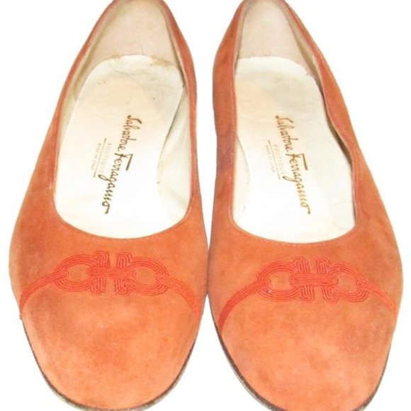 Salvatore Ferragamo Orange Suede With Red Embroidered Gancini Accents At The Toe